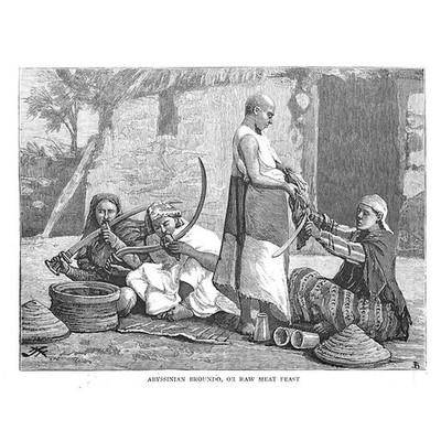 ABESSINIEN Ein Broundo oder Rohfleischfest - antiker Druck 1885