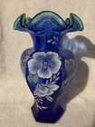 Fenton 75th Anniversary Signed Cobalt Blue Hand Painted Vase