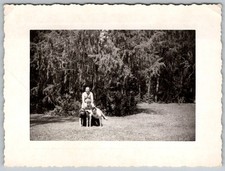 Vtg B&W Snapshot Four Men Human Pyramid Pose Yard Trees Lawn 1940s