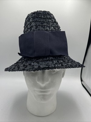 Vintage Stern & Mann Co Navy Blue cellophane straw deep crown cloche hat 6 60s