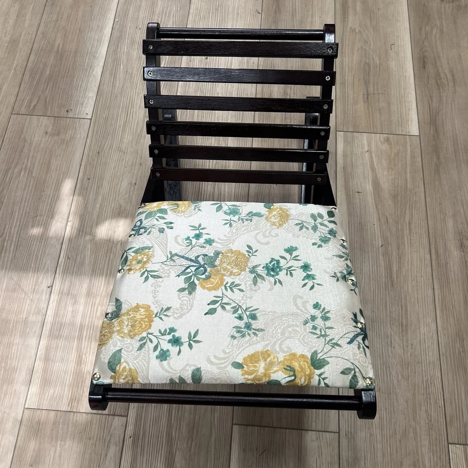 Foldable Rocking Footrest Wood W Tapestry Floral Cushion Upholstered Cottage - Image 4 of 4