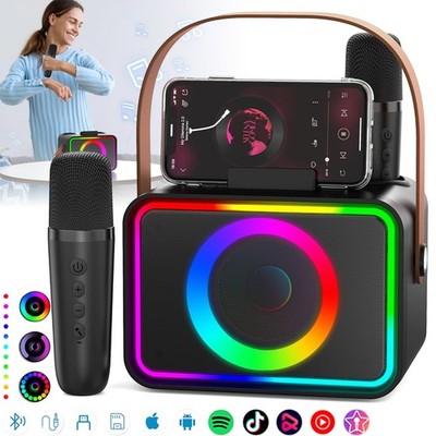 Tragbare Karaoke Maschine mit 2 Mikrofonen Bluetooth Lautsprecher LED