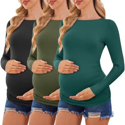 Maternity Long Sleeve Shirt for Women 3 Packs Pregnancy Blouses Boat Neck Tsh...