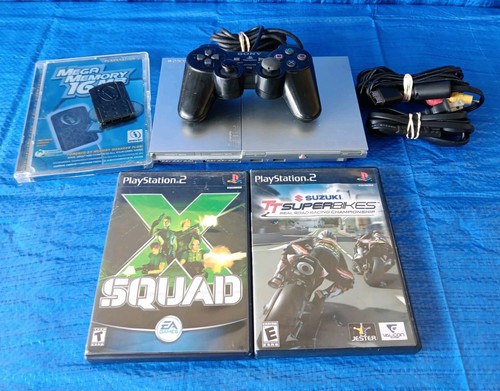 Playstation 2 Slim SCPH-90001 (Silver) w/Black Controller, Cables, Memory Card