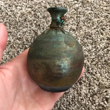 Vintage Raku small bud vase green metallic glaze Signed Kamra? studio pottery