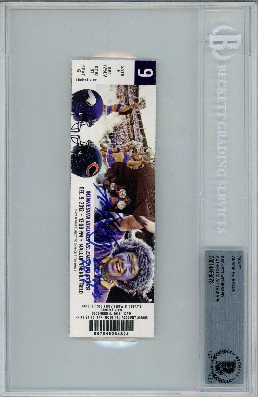 Adrian Peterson Autographed Signed 12/9/2012 Ticket Stub 2097 Yds Beckett Slab 38696 