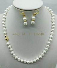 Beautiful 8mm White Shell Pearl Round Beads Necklace 18 Inch Earrings Set Gift