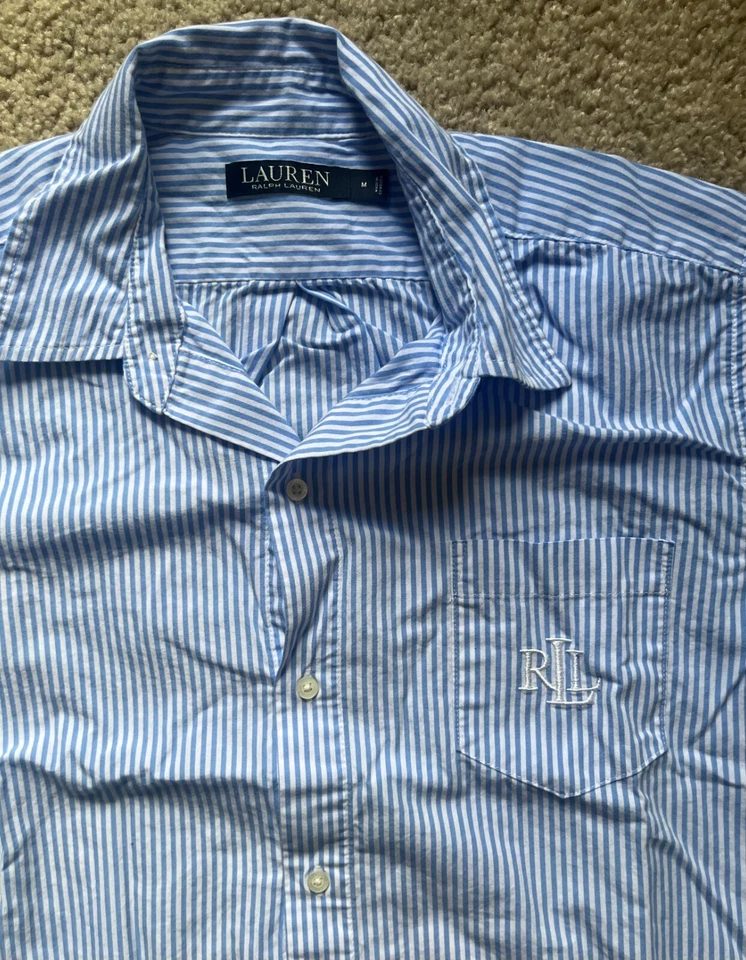 Camisa para dormir Lauren Ralph Lauren RLL Oxford azul a rayas para mujer talla M mediana Foto 3 de 4