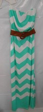 NEW Cute Strapless Green White Cheveron Sun Dress with Belt Small Medium Maxi!