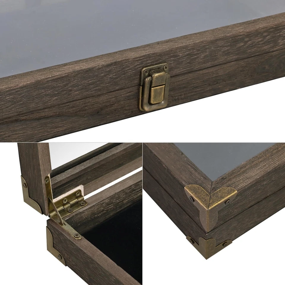 Vitrina de cuchillos de madera, vidrio templado, estera de terciopelo negro, bisagras metálicas, marrón Foto 3 de 4