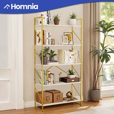 5 Tier Modern Bookcase Freestanding Bookshelf Rack Storage Home Vintage Gold