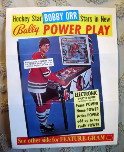 Vintage Pinball Machine Flyer Brochure Bally Powerplay BOBBY ORR " 1978 " Hockey