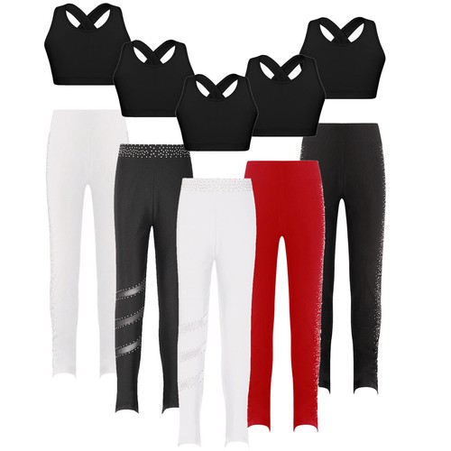 Kids Girls Crop Top With Leggings Breathable 2 Piece Dance Outfits Yoga Workout - Picture 3 of 61
