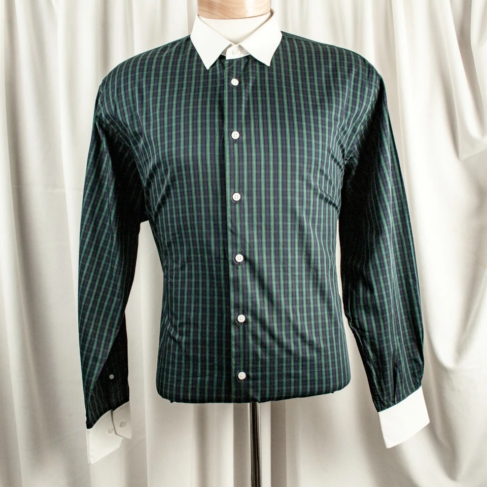 NEIMAN MARCUS Nueva Camisa de Vestir de Algodón a Cuadros Azul Bosque Verde Blanco para Hombres Talla 16.5 Foto 3 de 4