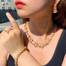 Fancy Gold Plated Colorful CZ Necklace Bracelet Earrings Ring Bridal Jewelry Set