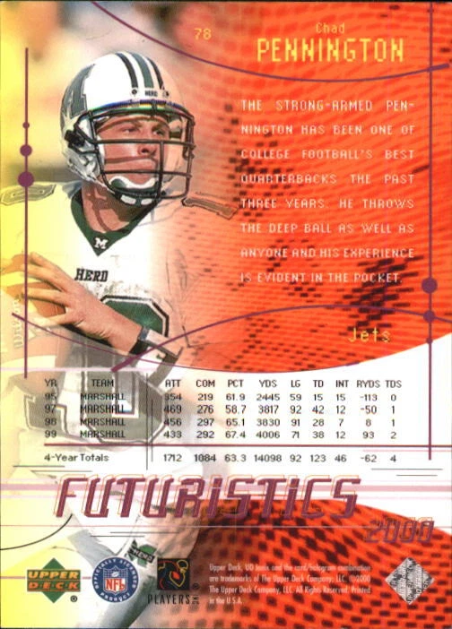 B4708 - 2000 UD Ionix #78 Chad Pennington RC /2000 NY Jets Rookie NM-MT - Image 2 of 2