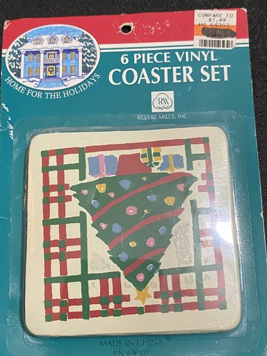 NOS NEU Vintage Revere Mills Inc Vinyl Quadrat Weihnachtsbaum Untersetzer Set 6 Stück - Bild 3 von 5