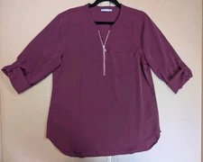 Furnex Shirt Womens L Wine Zip Front 1 Pocket Cut Off or Long Sleeve Casual Top