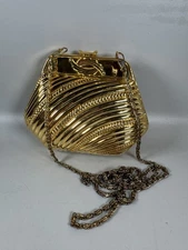 Vintage 1960s Gold Metal Shell Clutch Purse Mid-Century Evening Bag