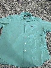 Mens Chaps Easy Care Button Up Green Short Sleeve Shirt L Pocket W Logo