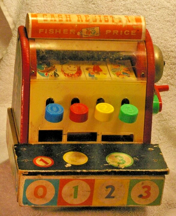 как выглядит Vintage Fisher Price Cash Register Toy 972 from 1960 фото
