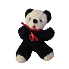 Vintage Teddy Bear Plush Stuffed Animal Black White Panda Red Ribbon Retro Toy
