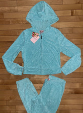 NEW JUICY COUTURE Towel Terry OG Bling Tracksuit Set in Crystal Blue Size M