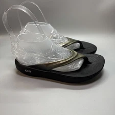 oofos oolala womens size 6 shoes gold black slip on flip flop recovery sandals