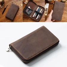 Genuine Leather Pencil Holder Case Vintage Fountain Pen Stationery Organizer Bag