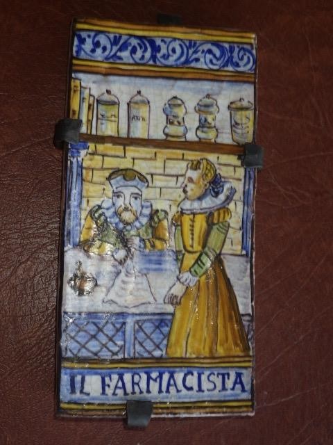 Vintage CERAMIC TILE FARMACISTA PHARMACIST SIMONETTI + HANGER 8" X 4" SIZE