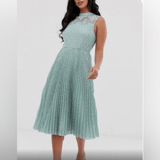 ASOS DESIGN Wms Sz 8 Seaform Green High Neck Sleeveless Pleated Midi Dress