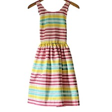 Chaps Girls Striped Dress 16 Yellow Pink Blue Sleeveless Gathered Waist Preppy