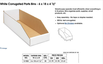ULINE S-1052  White Corrugated Parts Bins - 25 bundle  6x18x14 1/2 U-LINE