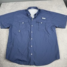 Columbia PFG Bahama Men s XL Extra Large Solid Blue Short Sleeve Fishing Shirt