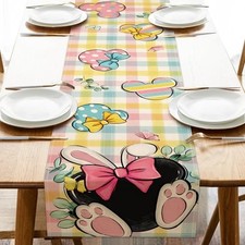 Easter Table Runner, Bunny Ears Colorful Plaid Check Farmhouse Kitchen Dining