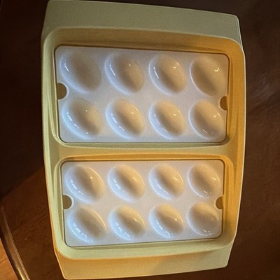 Vintage Tupperware 16 Deviled Eggs Container Snap-On Lid Yellow 2- 8 ct trays