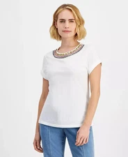 I.N.C. International Concepts Cotton Rhinestone-Embellished Top, White, sz L
