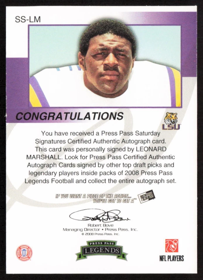 2008 Press Pass Legends Saturday Signatures Leonard Marshall #SS-LM2 LSU - Image 2 of 2