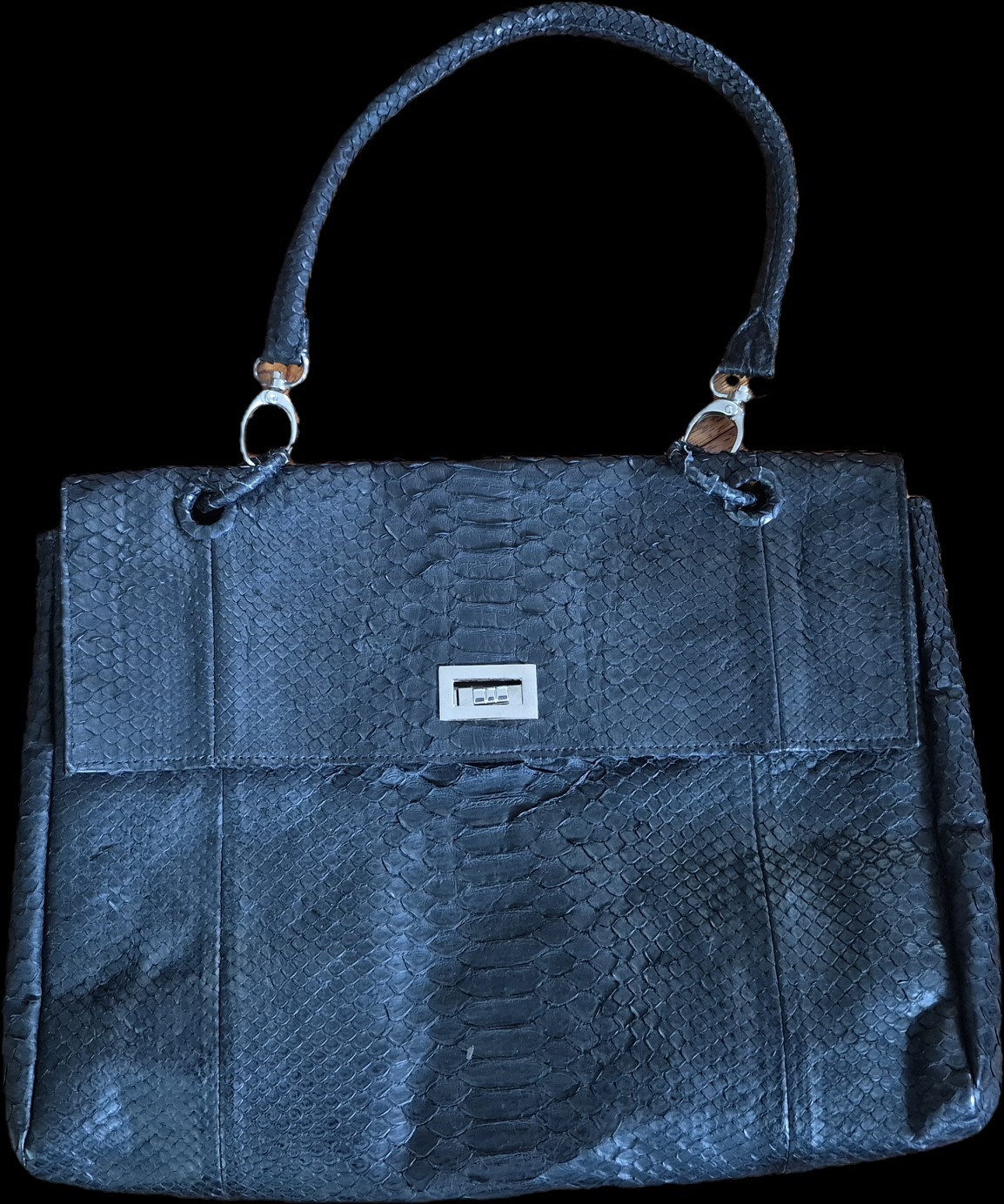 Genuine Python Leather Handbag – Black, Structure… - image 1