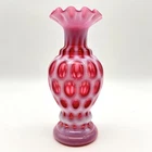 Vintage Fenton Opalescent Cranberry Coin Dot Ruffled Art Glass Vase 6.5 " Tall