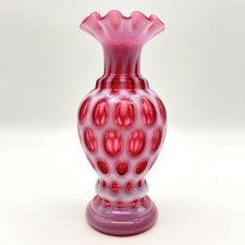 Vintage Fenton Opalescent Cranberry Coin Dot Ruffled Art Glass Vase 6.5 " Tall
