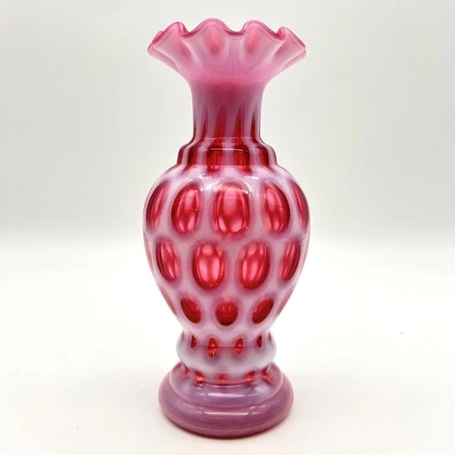 Vintage Fenton Opalescent Cranberry Coin Dot Ruffled Art Glass Vase 6.5 " Tall