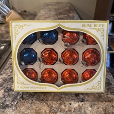 Shiny Brite 12 Red and Blue Glass Bulb Ornaments in original box Made in USA