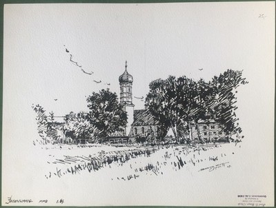 Jesenwang Landkreis FFB - Original-Tusche-Zeichnung von Karl S. Bauer-Oltsch