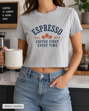 Espresso Baby Tee, Coffee Lover Cropped Shirt, Women's Graphic Crop Top