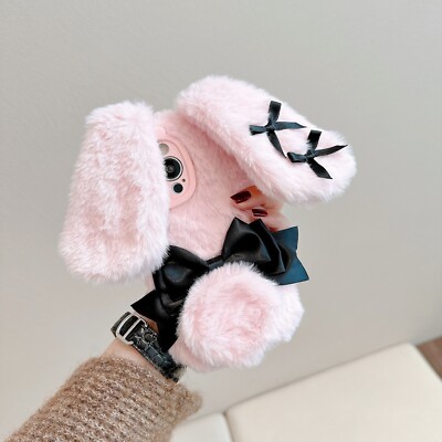 Warm Fluffy Plush Big Bow Rabbit Case For iPhone Samsung Huawei Girl Phone Cover