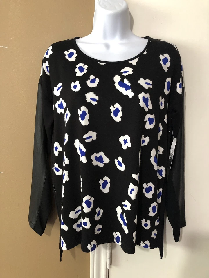 NUEVO CON ETIQUETAS Blusa Top Kensie Talla Pequeña Estampado Negro y Azul Imitación Cuero Manga Larga NUEVA Foto 2 de 4