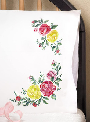Stamped Pillowcase Pair for Embroidery, 20 by 30-Inch, Rose Classic