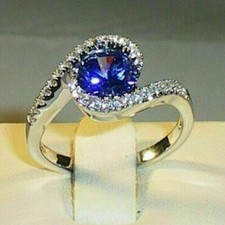 Round Cut Simulated Blue Sapphire Halo Engagement Ring In 14K White Gold Plated