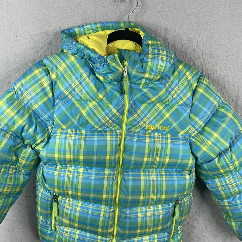 Marmot пальто девочек большой синий желтый клетку с капюшоном куртки 650 вниз заполненный пуховик - Изображение 3 из 4